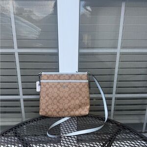 Coach Monogram Crossbody in Tan with Pale Blue Strap